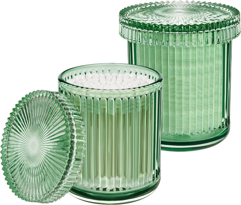 MKOSAB 2 Pack Qtip Holders for Bathroom, Clear Glass Apothecary Jars with Lids,Vintage Bathroom Canisters for Cotton Balls,Swabs,Floss Picks,Hair Ties,Vanity Organizer and Storage Decor (Green) - Image 1